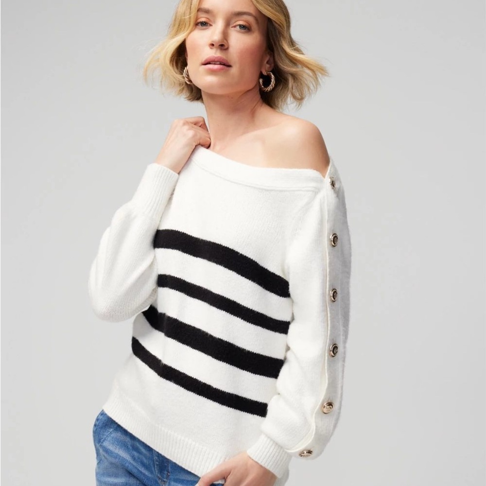 White House Black Market XS Striped Off Shoulder Sweater Classic Designer Chic